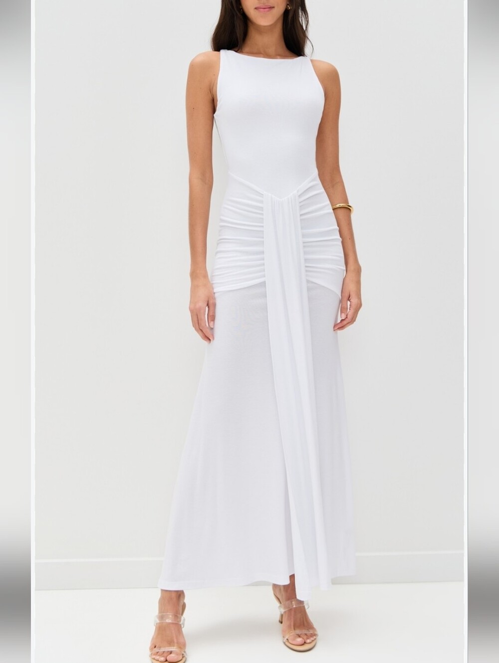 Runaway the Label White Maxi Dress w/Ruched hip area size L NWTS